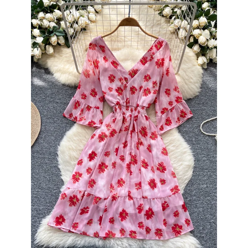 Boho v neck women summer floral print chiffon backless midi dress casual elastic waist a-line vestido de festa beach vestidos