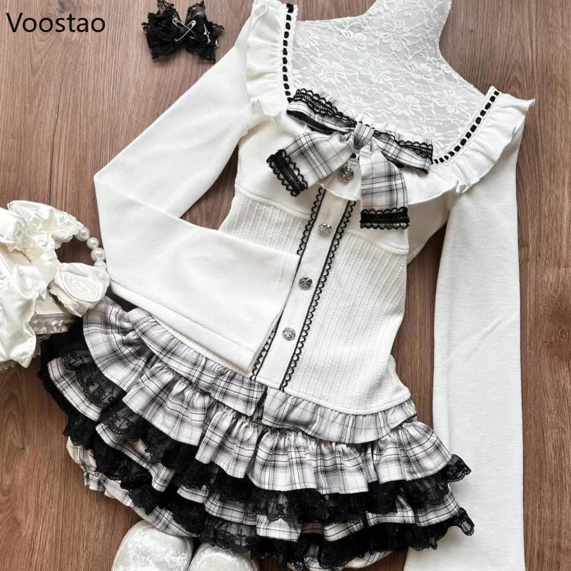 Japanese Gothic Lolita 2 Piece Sets Women Sweet Bow Long Sleeves Blouse Tops Lace Ruffles Plaid Mini Skirt Female Korean Outfits