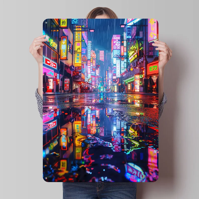 Cyberpunk Neon City Vintage Metal Wall Art
