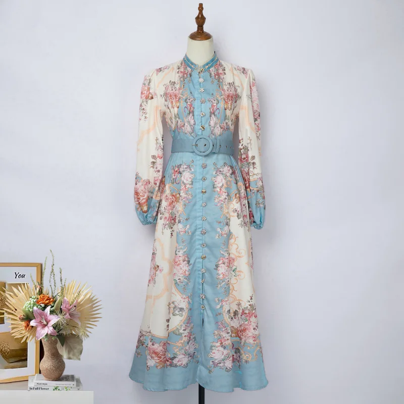 

Real Shot Australian Niche Cotton and Linen Single-Breasted Printed Dress Women's Dress with Belt Long Skirt Waist-Tight Women's