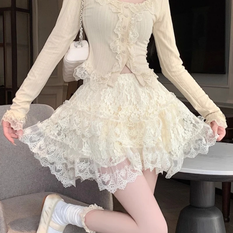 Summer Fragrance 2024 Women's New Spliced Elasticized Irregular Lace Fashion Solid Color Slim Minimalist Casual Cake Skirts