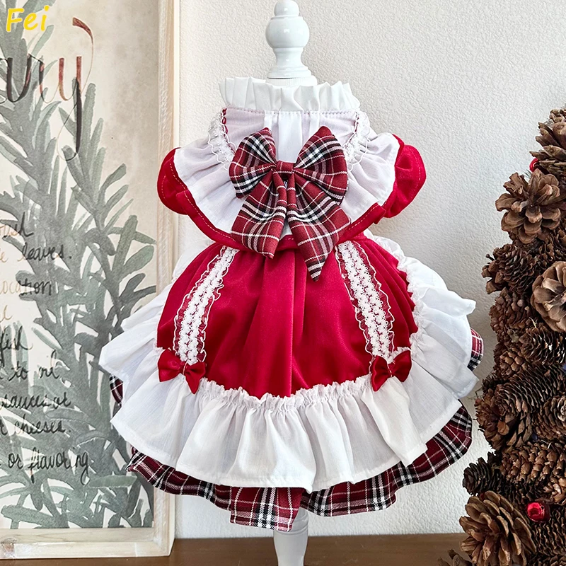 

2025 French Bulldog Christmas Dress - Handmade Plaid Velvet Gown with Bow, Thermal Winter Outfit for Teddy Puppy Photo Shoot