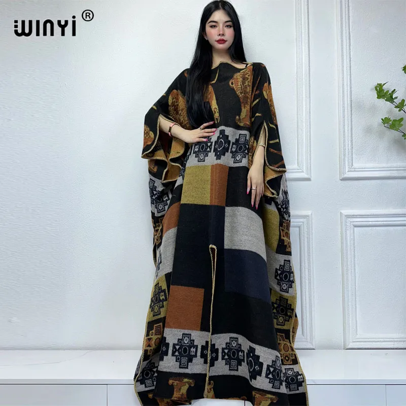 WINYI new retro print Comfort Warm fashion Caftan winter dress Elegant Africa Women Boho party winter clothes for women kaftan