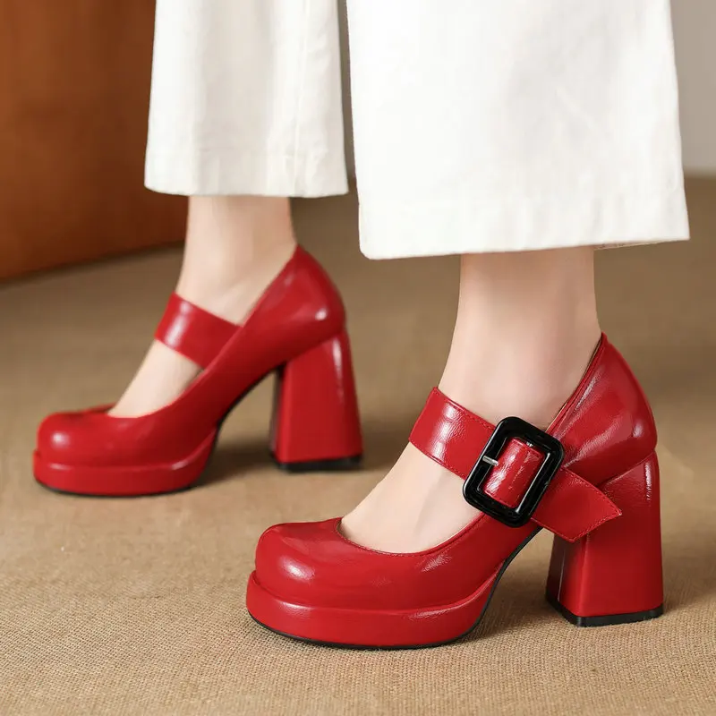 

Patent PU Leather Red White Black Wide Buckle Strap Women Pumps Square Chunky High Heels Platform Mary Janes Big Size 43 44 45