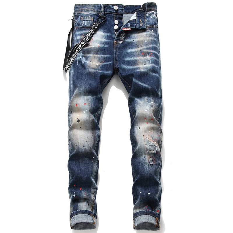 Chareiharper dsq Men's jeans skinny Skinny jeans Ripped Fabric Non-stretch Paint Splash vintage blue Tear Process Italian Design