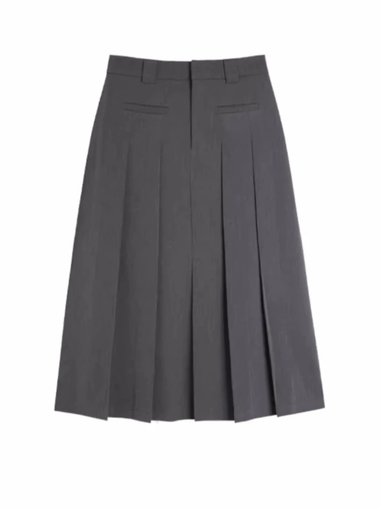 Olrain saia plissada feminina 2025 outono sólido a linha saia longa moda commute mulher saias elegante senhora do escritório o23db89262