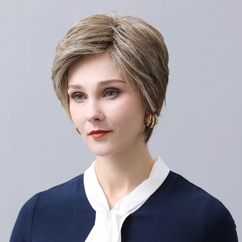 Short Pixie Cut Wigs for Women Straight Layered Hair Brown With Light Golden Highlights Blend Hair Human Hair With Synthetic Wig