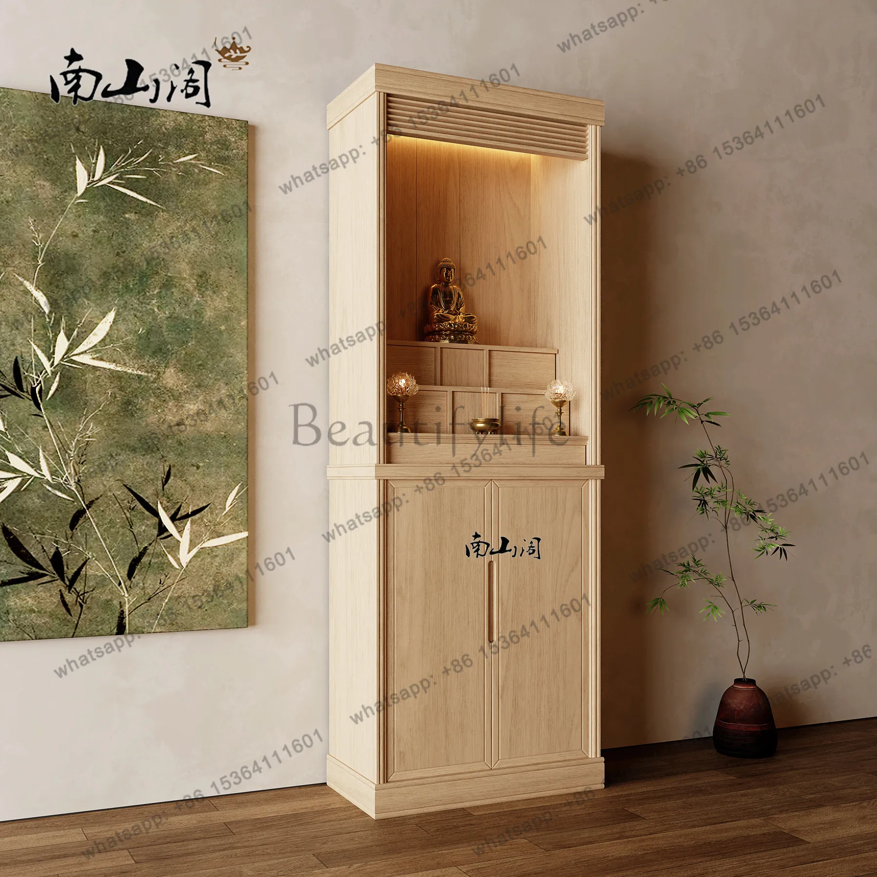 YJ New Chinese Solid Wood Standing Shrine Cabinet Small Home Altar Stand For Guanyin God of Wealth With Door