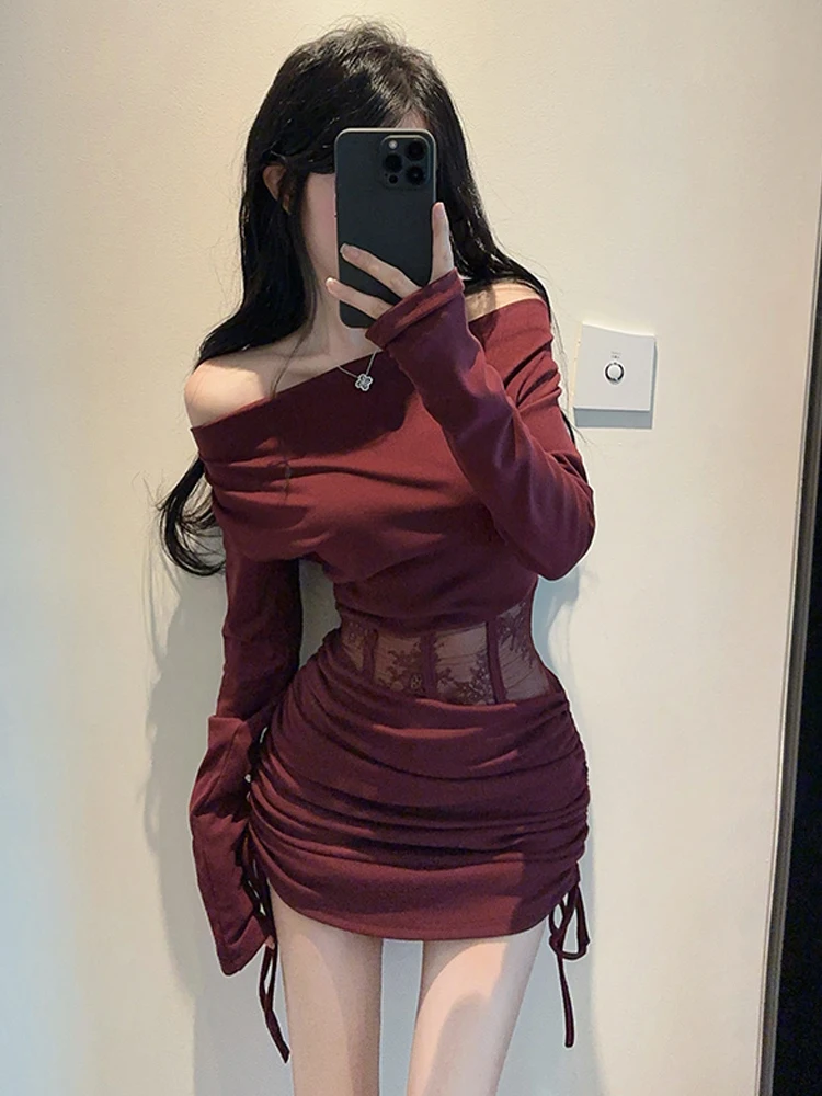 Sexy Mesh Waistless Shoulder Sheer Boned Panel Mini Dresses Women's Autumn Y2K New Slimming High Waist Drawstring Bodycon Dress