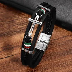 Men's Fashion Stainless Steel Cross Layered Leather Woven Bracelet Men's Bracelet Decorated Men's Holiday Exclusive Gift