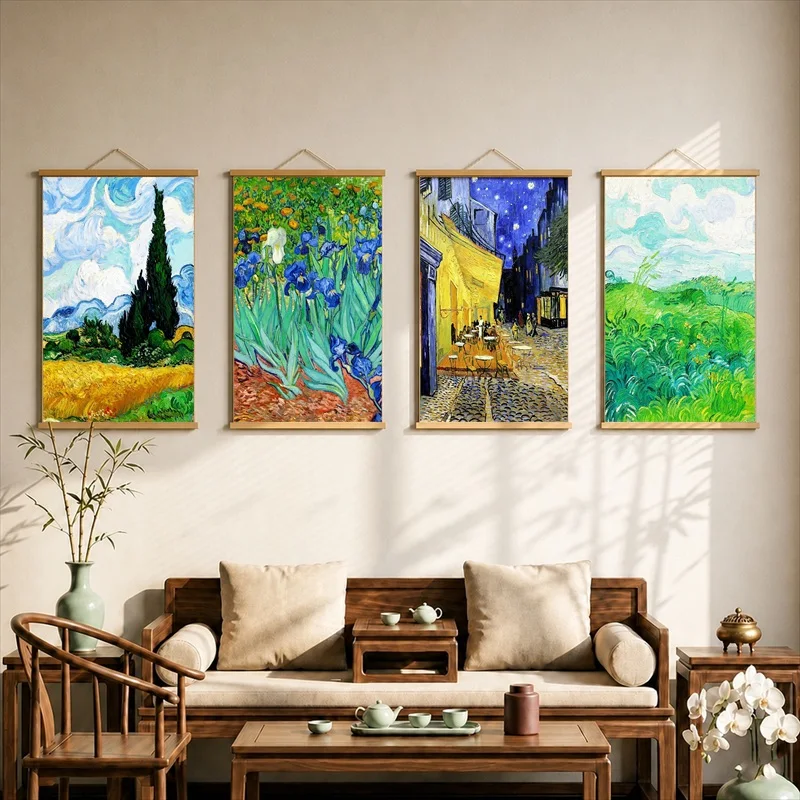 Wall Art Colorful Garden Paths and Starry Landscapes, Expressive Landscape Pearlescent Canvas Hanging Scroll for Creative Studio