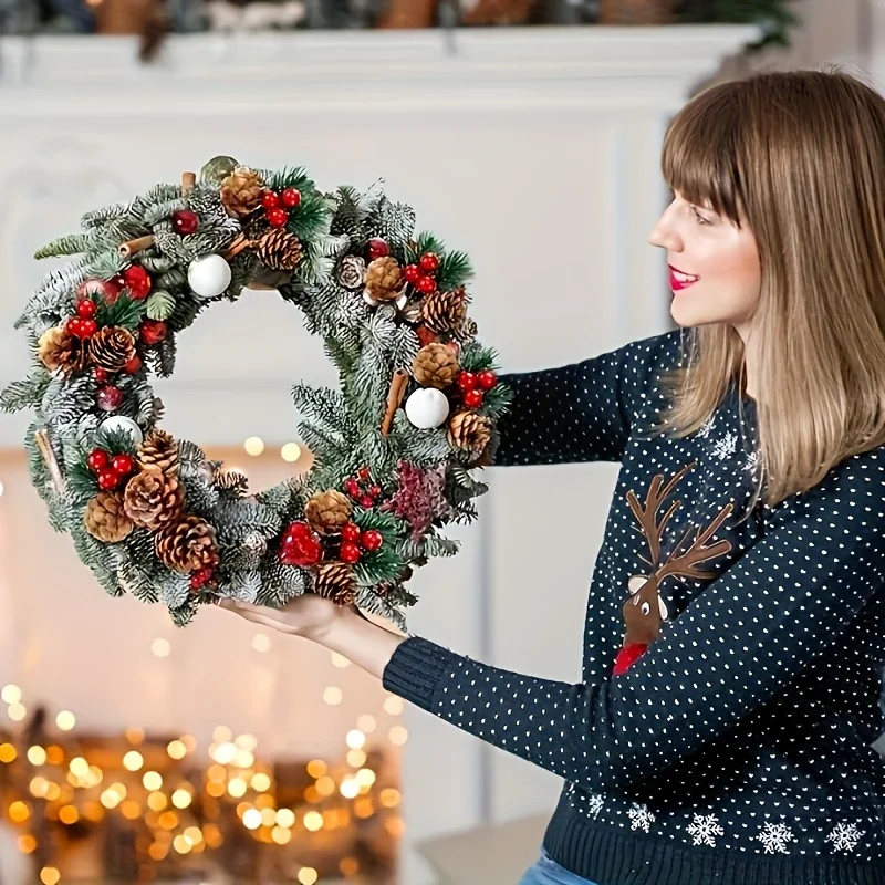 12pcs Artificial Pinecone with Red Berries Ornament, Christmas Decoration, Pine Needle Christmas Tree