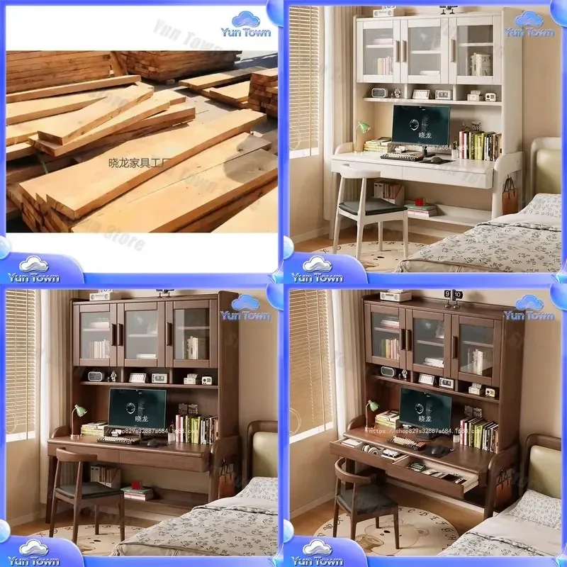 Xiaolong Nordic Solid Wood Desk Bookshelf Integrated Study Table for Students Home Office Small Apartment Bedroom Electricity