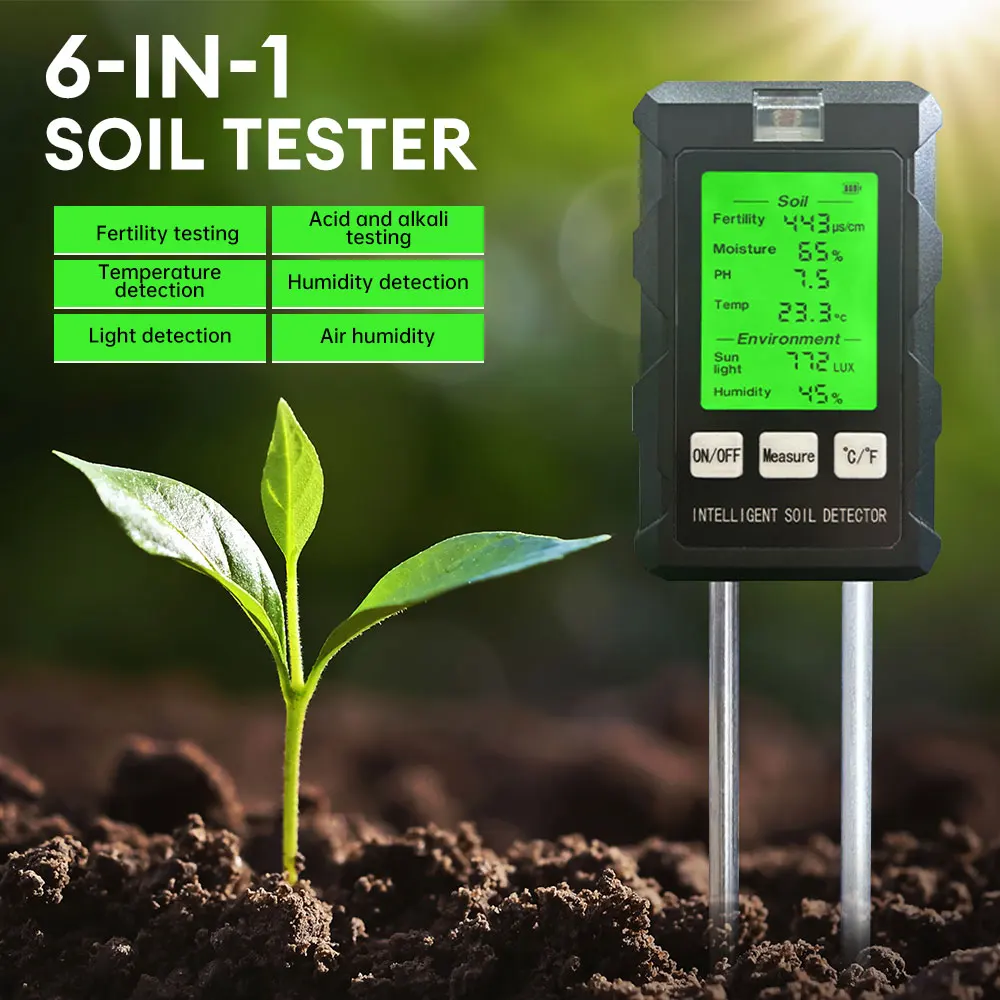 Probador de PH y humedad del suelo 6 en 1, medidor de fertilidad de agua y nutrientes, alta precisión, jardinería doméstica, flores y césped