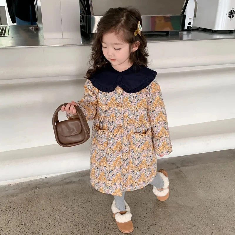 2-10 Years Kids Winter Florar Dresses for Girls Cute Thick Velvet Jackets Dress Toddler Baby Warm Casual Overcoat Infant Outwear