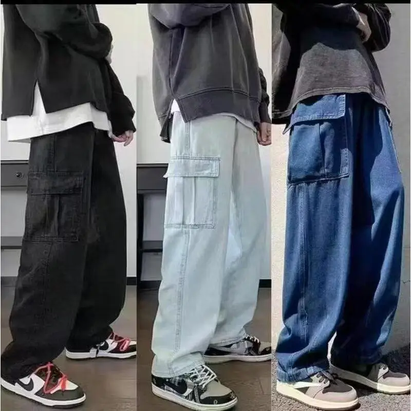 

Японские повседневные свободные брюки прямого кроя в рабочем стиле с диагональным поясом, свободный крой, высокая талия, прямые штанины, смесь хлопка и полиэстера