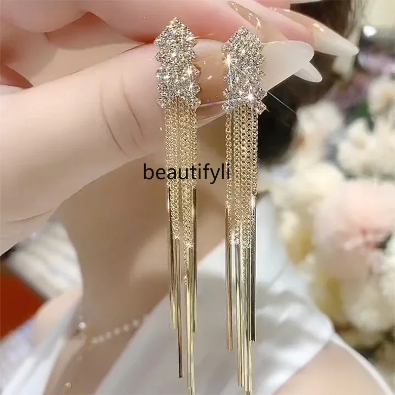 Light luxury high-end long fringed versatile earrings, new trendy sterling silver needle earrings, women's