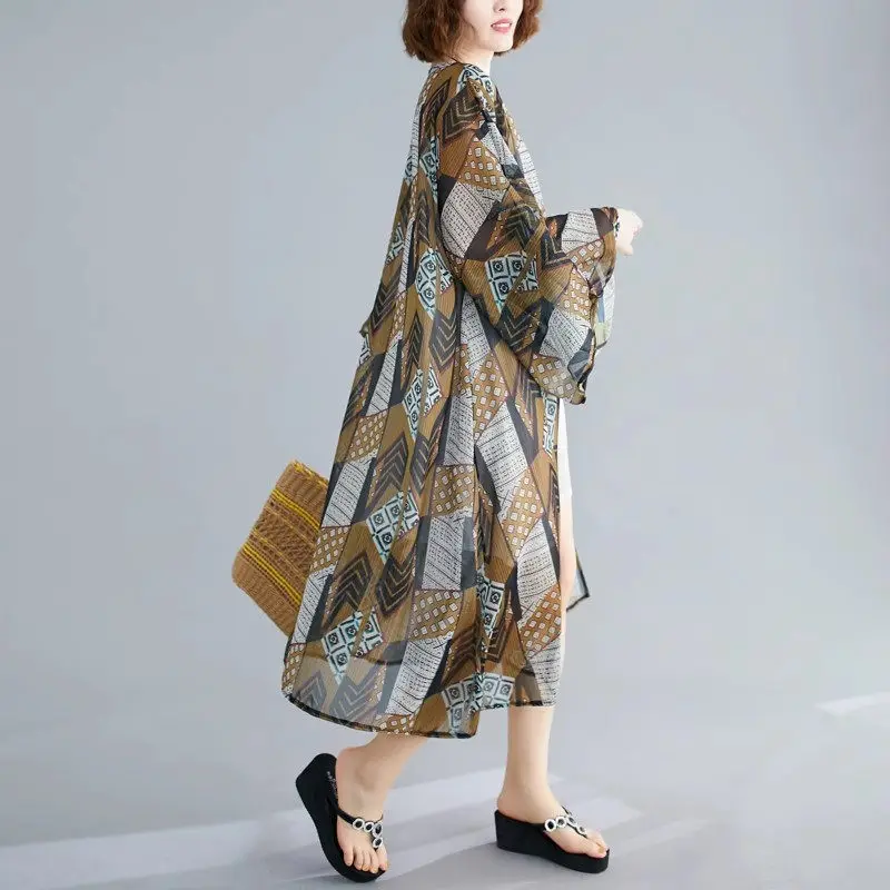 2025 ฤดูใบไม้ผลิ/ฤดูร้อนผู้หญิงขนาดใหญ่Slimmingพิมพ์Beach COVER-Upเสื้อยาว-ครีมกันแดดผ้าคลุมไหล่Tunic TOP G122