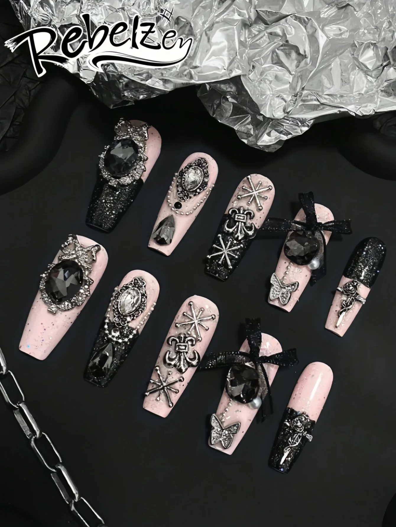 10 Pieces of Gothic Heavy-Duty Wearable Nails, Long Coffin Shape, Black Glitter, Large Black Rhinestones, Bowknot, Cross, Butterfly, Reusable Fake Nails