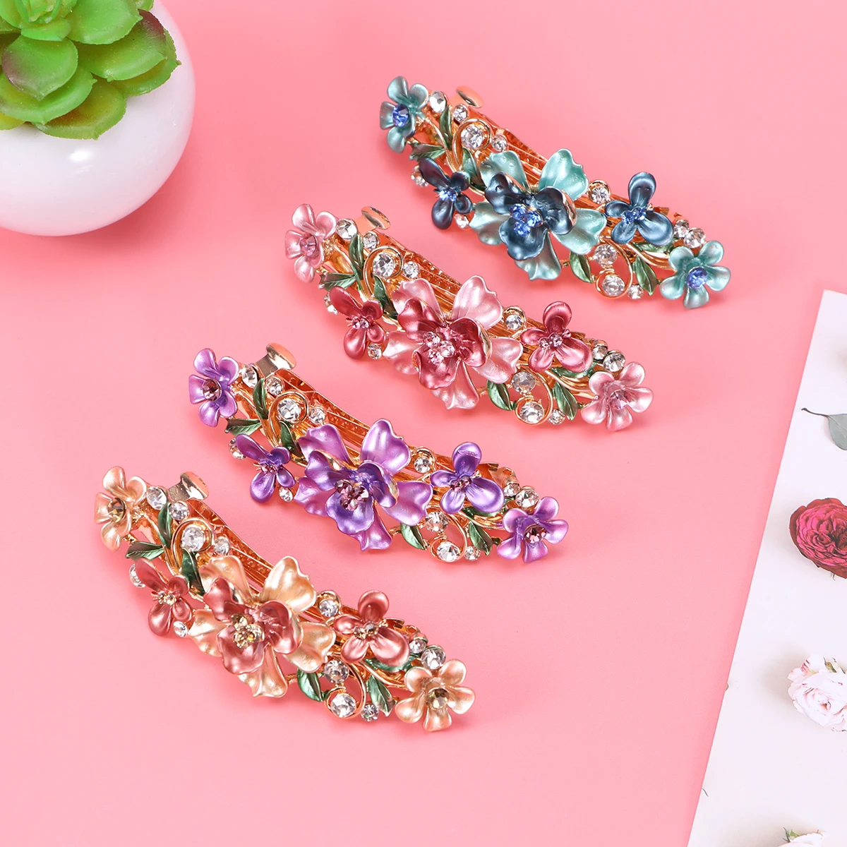 

4pcs Rhinestone Plum Hairpin Barrette Women Hair Clips Accessories Decorative Metal Durable Fashionable Exquisite Design Easy