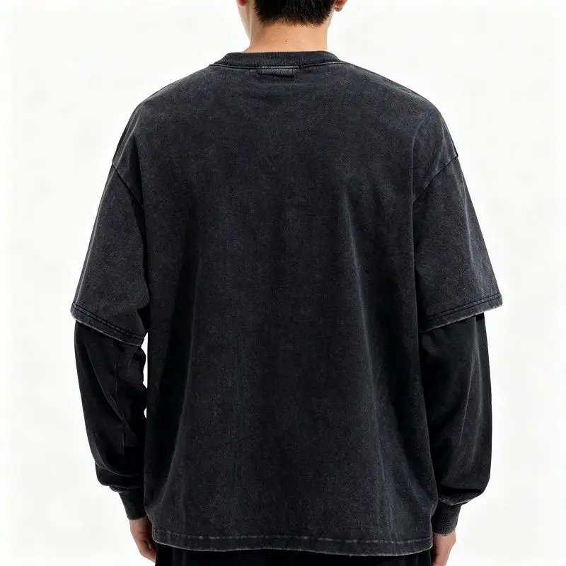 Dark Washed Vintage Long Sleeved T-shirt Personalized Sense for Both Men and Women Fake Two-piece