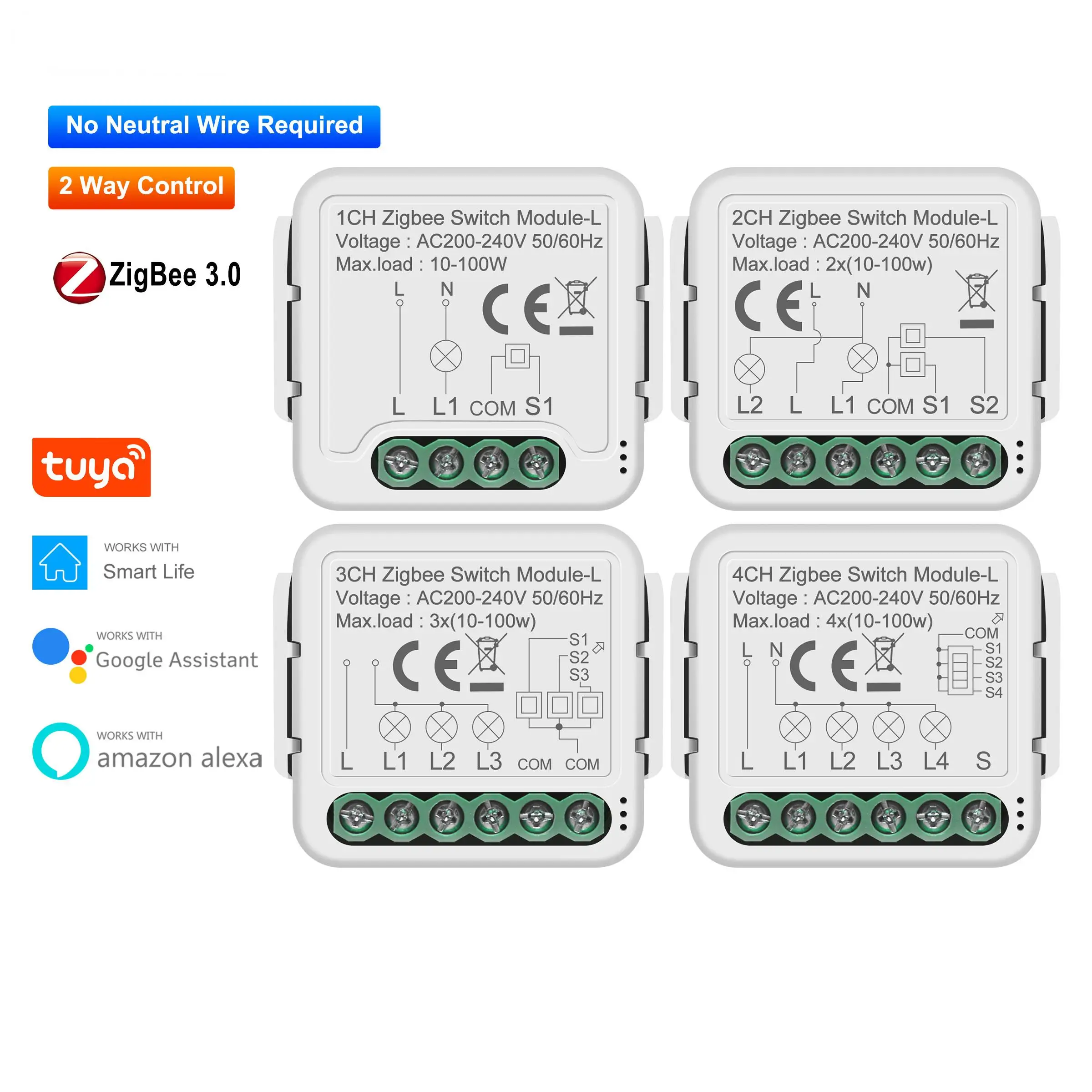 

Tuya ZigBee 3.0 Smart Switch Module No Neutral Wire Required Smart Home DIY Light Breaker Works with Alexa Google Home