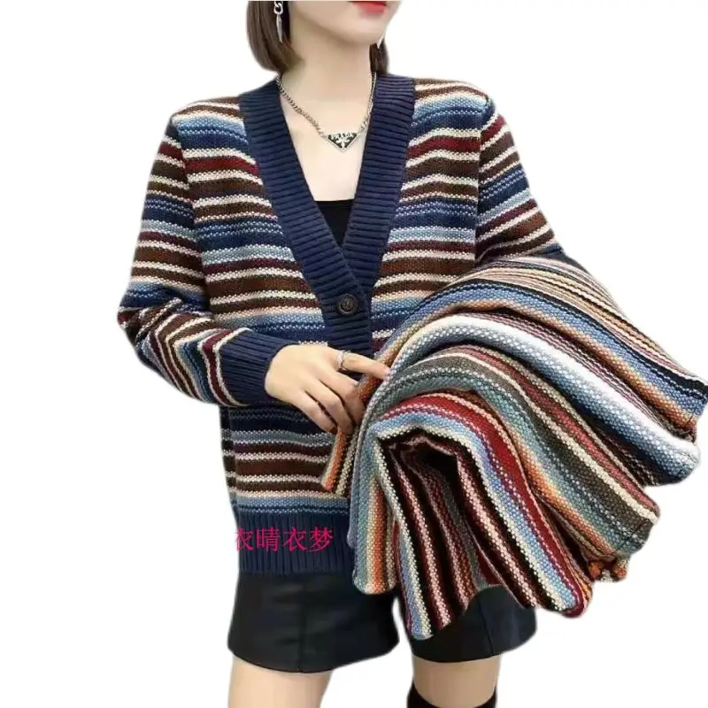 

Autumn Winter New Knitting Cardigan Female Coat Stripe Loose Fashion Wild Single-Breasted Sweater Women's Short Top Outcoat