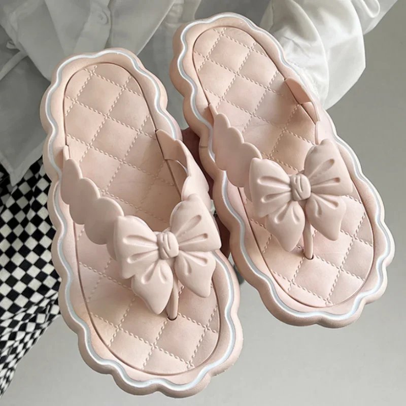 Cute Bowknot Women\'s Slippers 2023 New Summer Indoor and Outdoor Flip Flops Beach Smooth Ladder Home Non-slip EVA Slippers