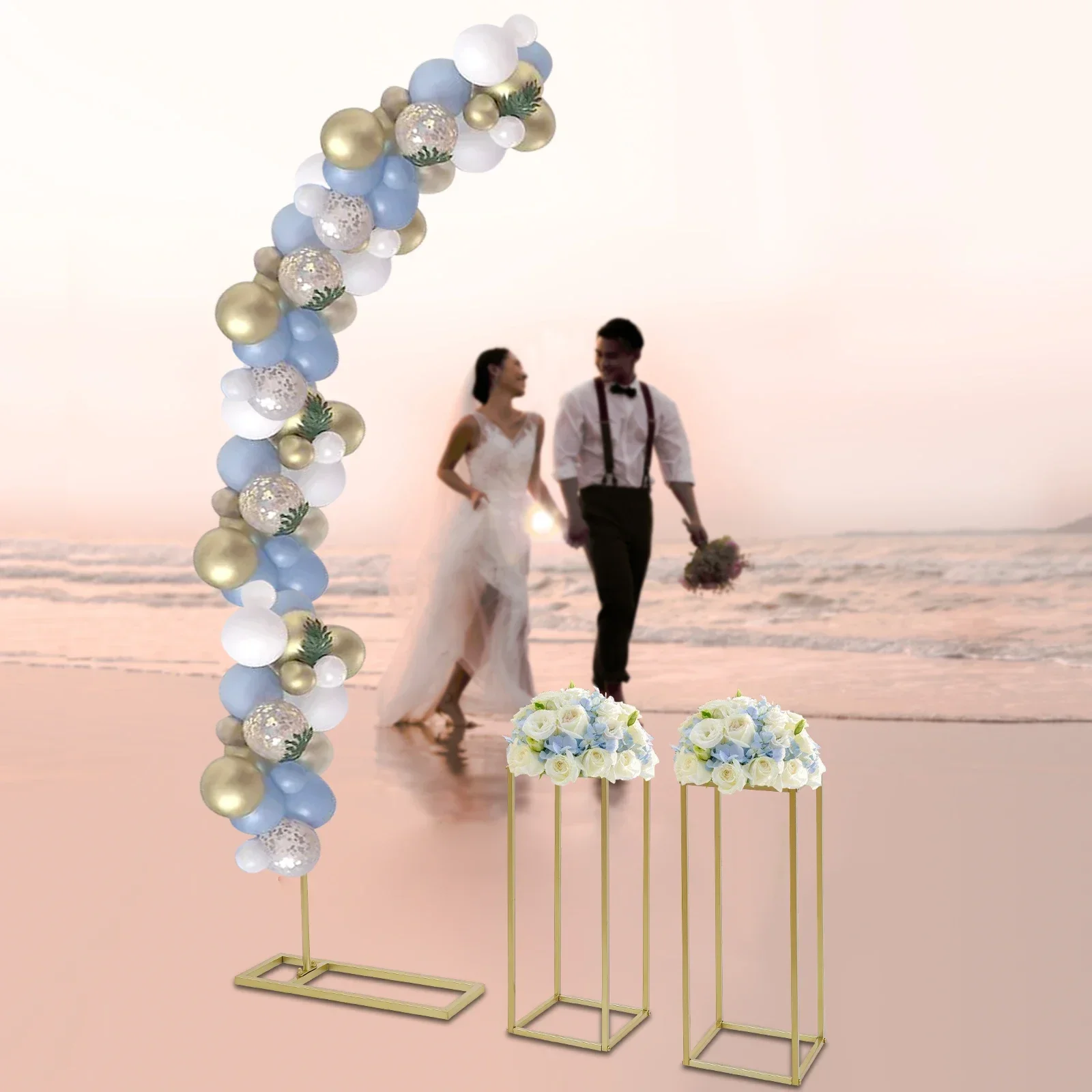 

2 m Balloon Arch and 2 Flower Stands Gold, with Rectangular Base, Removable and Reusable, Metal Wedding Arch Set