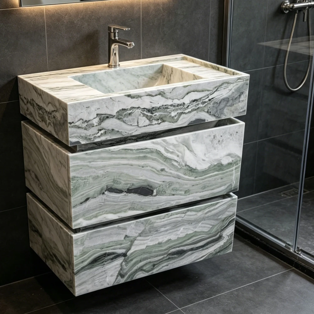 #￥Premium Natural Green Marble Bathroom Vanity Polished Integrated Marble Sink Cabinet for Bathroom KItchen