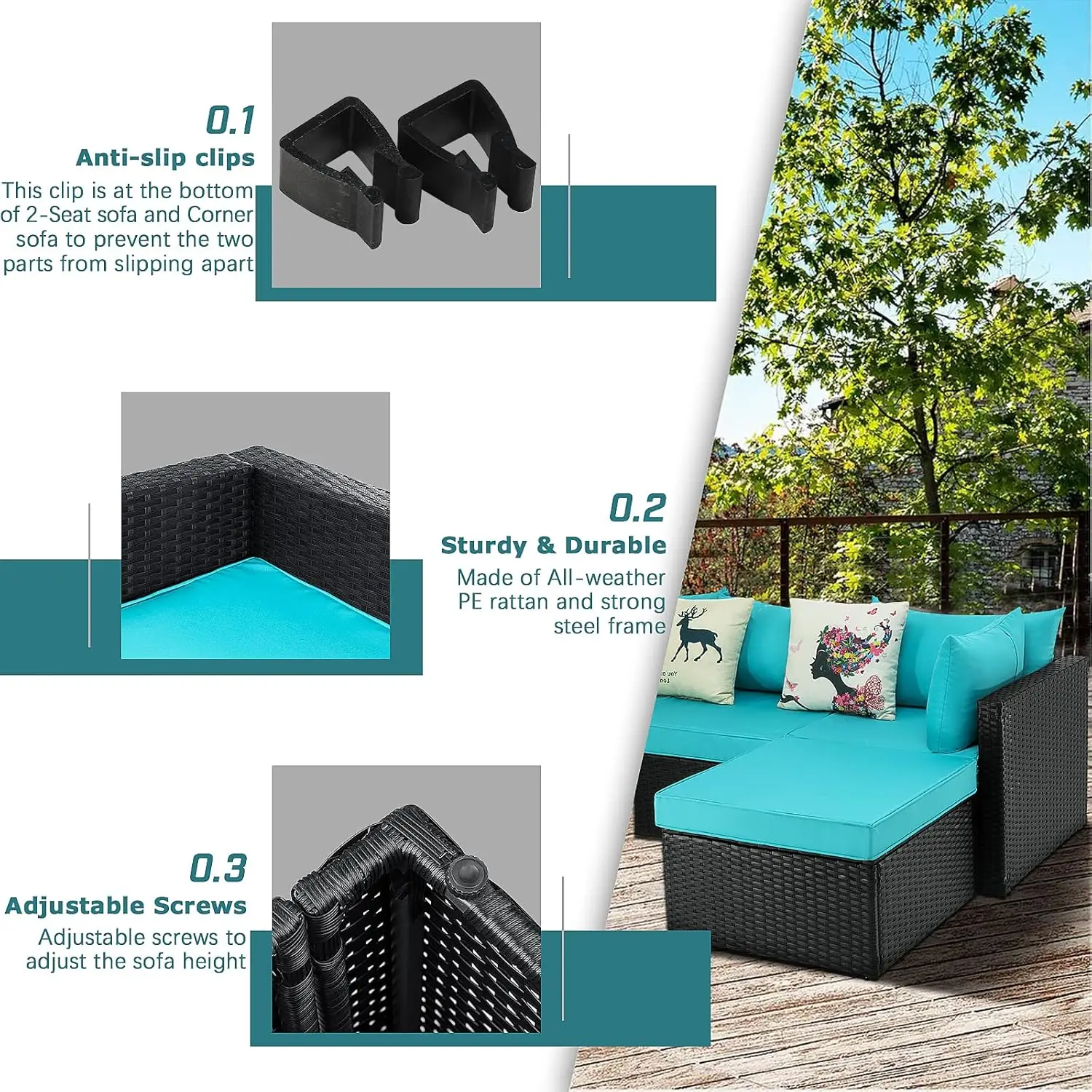 5-delige terrasmeubilairsets, sectionele bank voor buiten, rotan rieten bank voor alle weersomstandigheden met glazen tafel, conversatieset voor terras