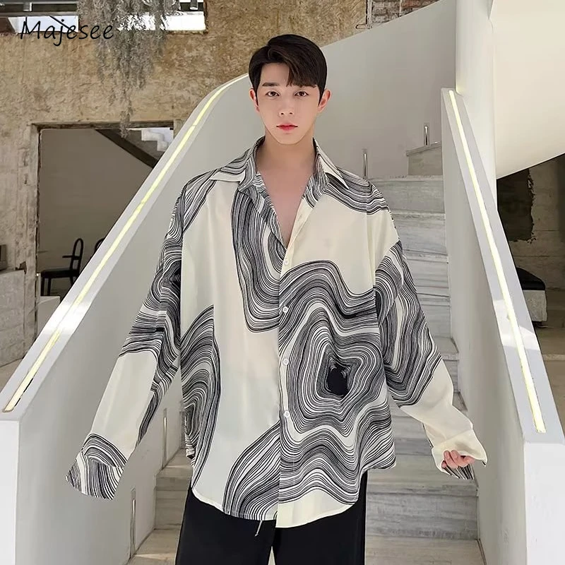 

Asymmetrical Shirts Men Baggy Contrast Color Turn-down Collar Fashion Korean Style Leisure Harajuku Hip Hop Classic Simple Retro