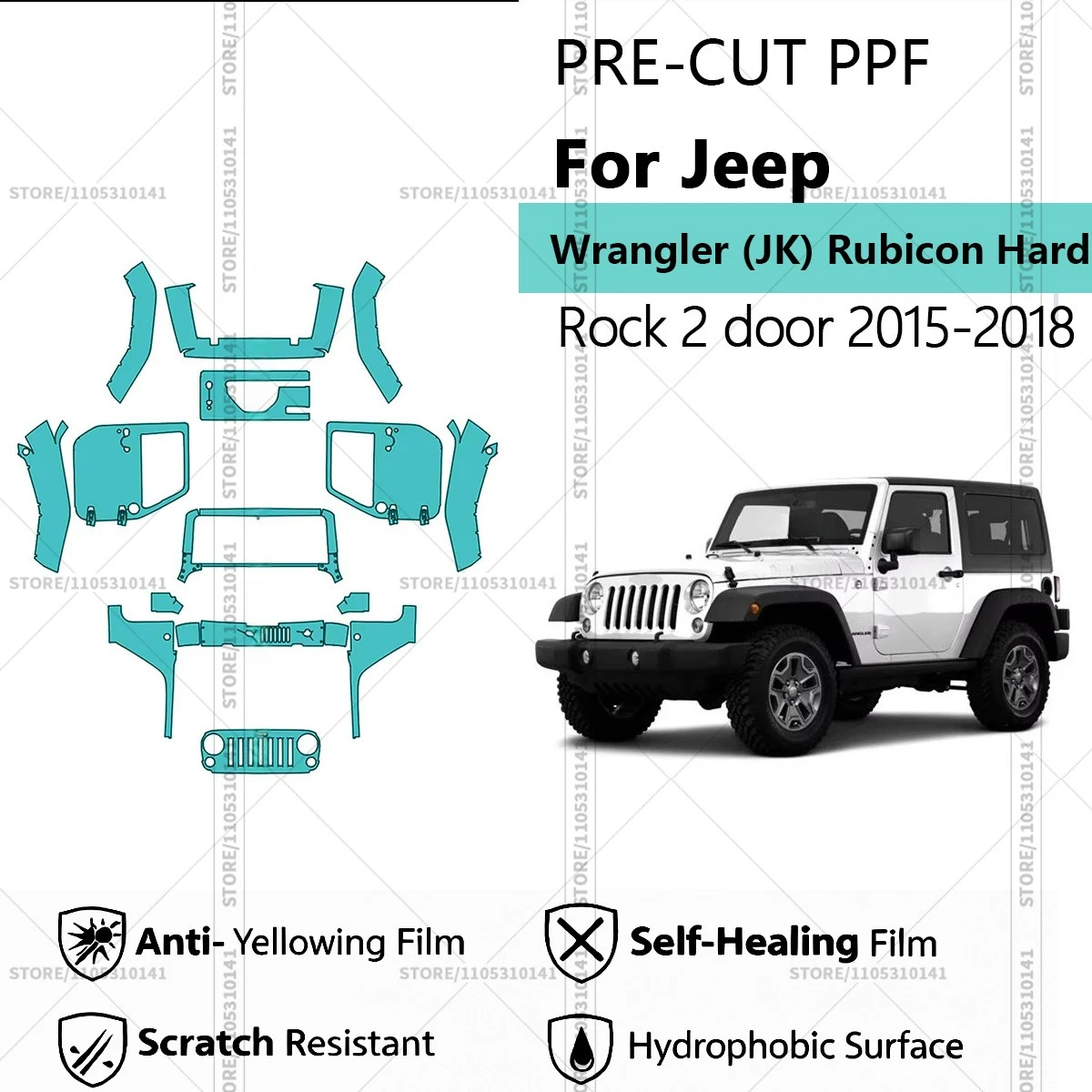 

Предварительно нарезанная защитная пленка PPF для автомобилей, прозрачная автомобильная пленка PPF для Jeep Wrangler (JK) Rubicon Hard Rock 2-дверный 2015-2018