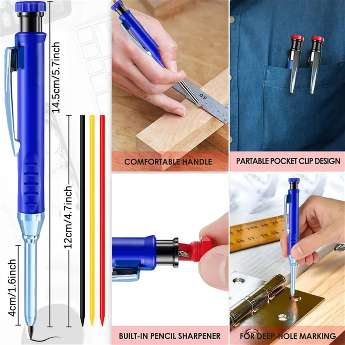 Lápiz mecánico de carpintero sólido con afilador para construcción de carpintería, lápiz de carpintero de cabeza larga, 2,8mm