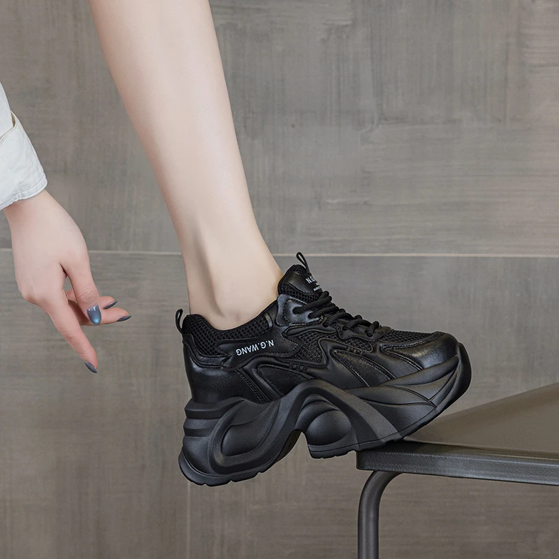 WomenS White Mesh Platform Sneakers Casual Lace Up Thick Bottom Sport Shoes Comfortable Breathable Elevator Footwear For Ladies
