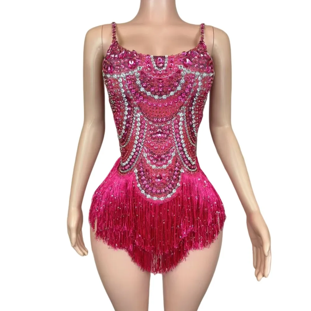 

Bar Nightclub Stage Performance Rose Rhinestones Tassel Bodysuit Dance Costume Sexy Crystal Fringe Leotard Party Show Outfits