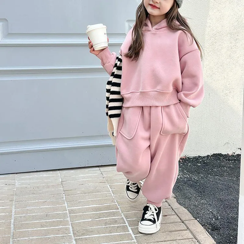 2024 Winter New Children Plus Velvet Thick Warm Set Boys Girls Hooded Fleece Sweatshirt + Sweat Pants Suit Kids Casual Outfits