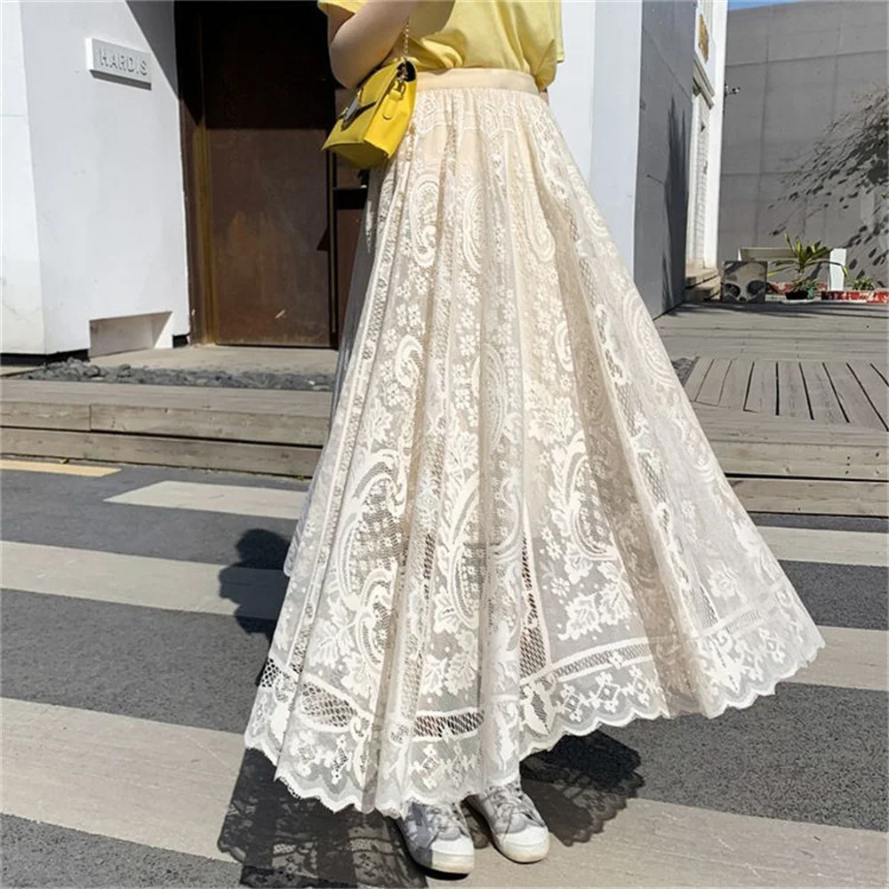 Bohemian High Waist Hollow Out Female Maxi Skirts Spring Summer Vintage Women's Lace Crochet Umbrella Long Skirts