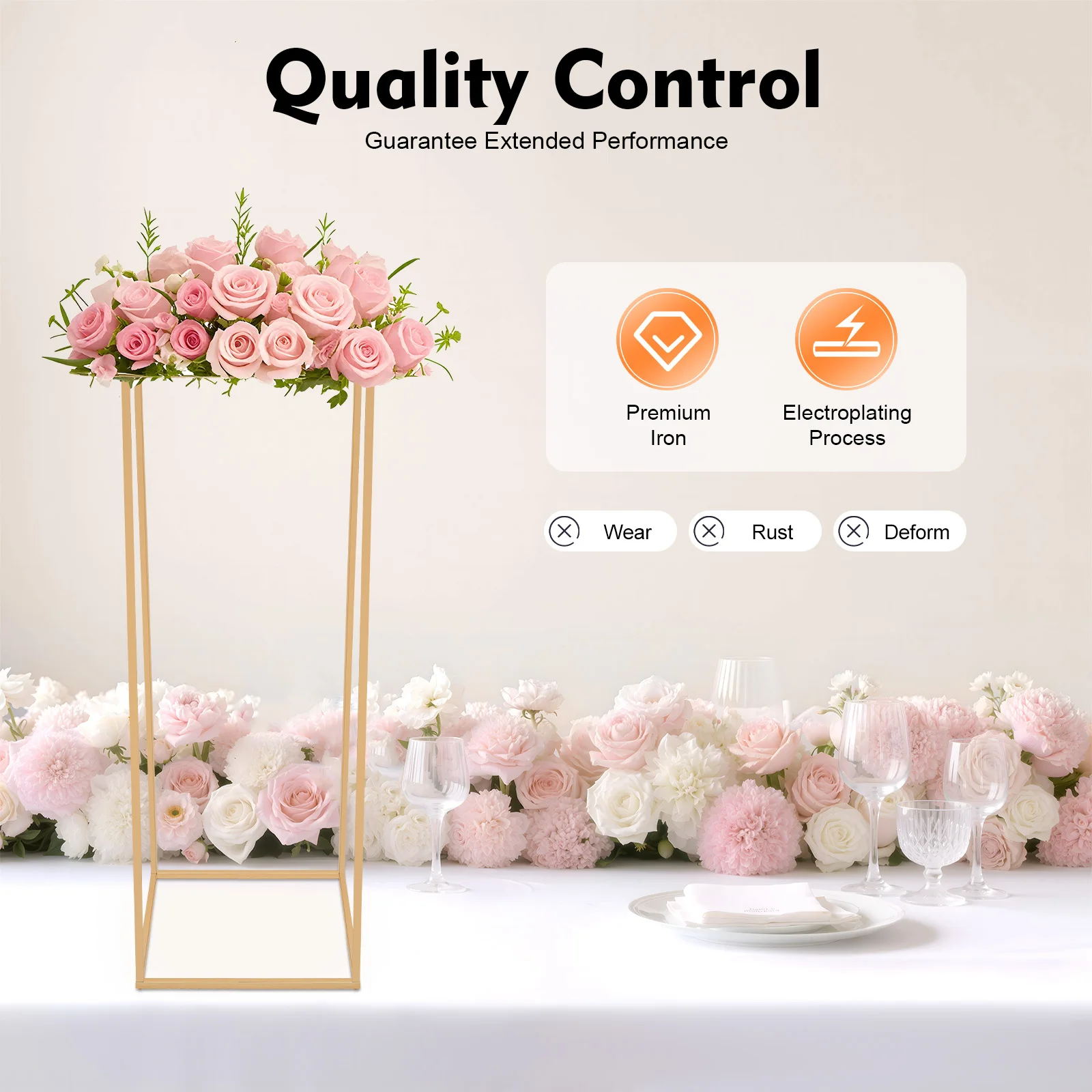 

Gold Modern Wedding Flower Stand Metal Centerpiece, Rectangular Table Decor Holder for Party Event Display