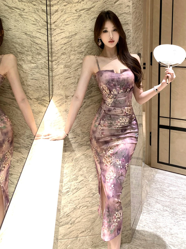 

Сексуальное платье на бретельках с принтом Ele Lady, утягивающая юбка с запахом и разрезом, длинная летняя цельная юбка Dr H-образной формы, китайская моя