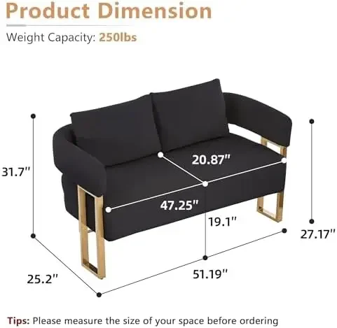 Loveseat Sofa and 2 Modern Accent Chairs no Wheels, Living Room Side Chairs with Golden Metal Legs, Barrel Soft