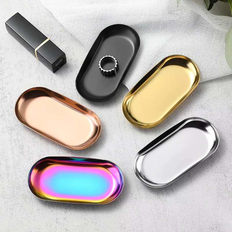 Stainless Steel Manicure Jewelry Storage Tray Metal Cosmetic Storage Oval Tray For Cake Fruit Dessert Snack Kitchen Organizer