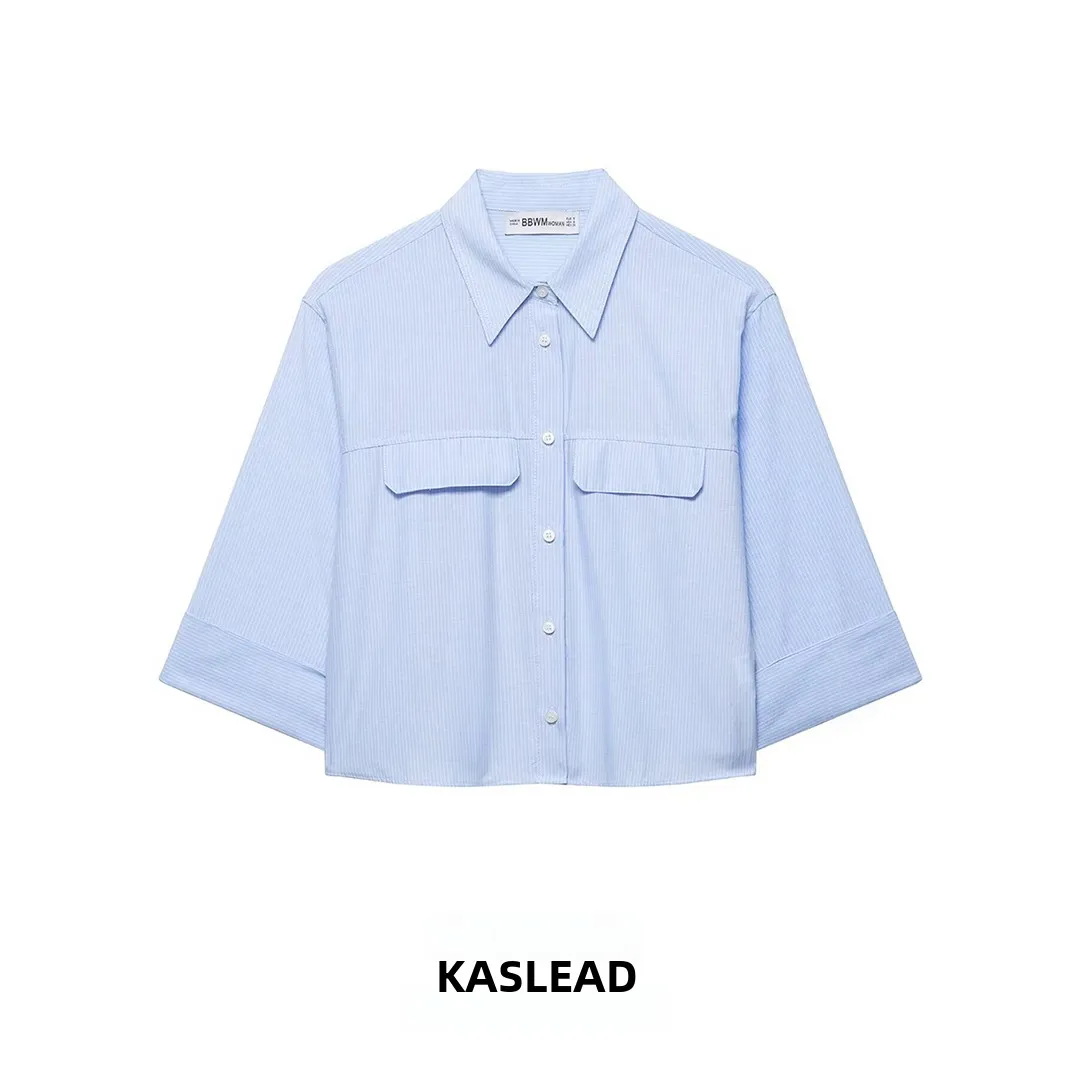 

Новая женская модная полосатая рубашка KASLEAD со скрытыми пуговицами, свободного кроя, из дышащего полиэстера, приятная к коже, с коротким рукавом