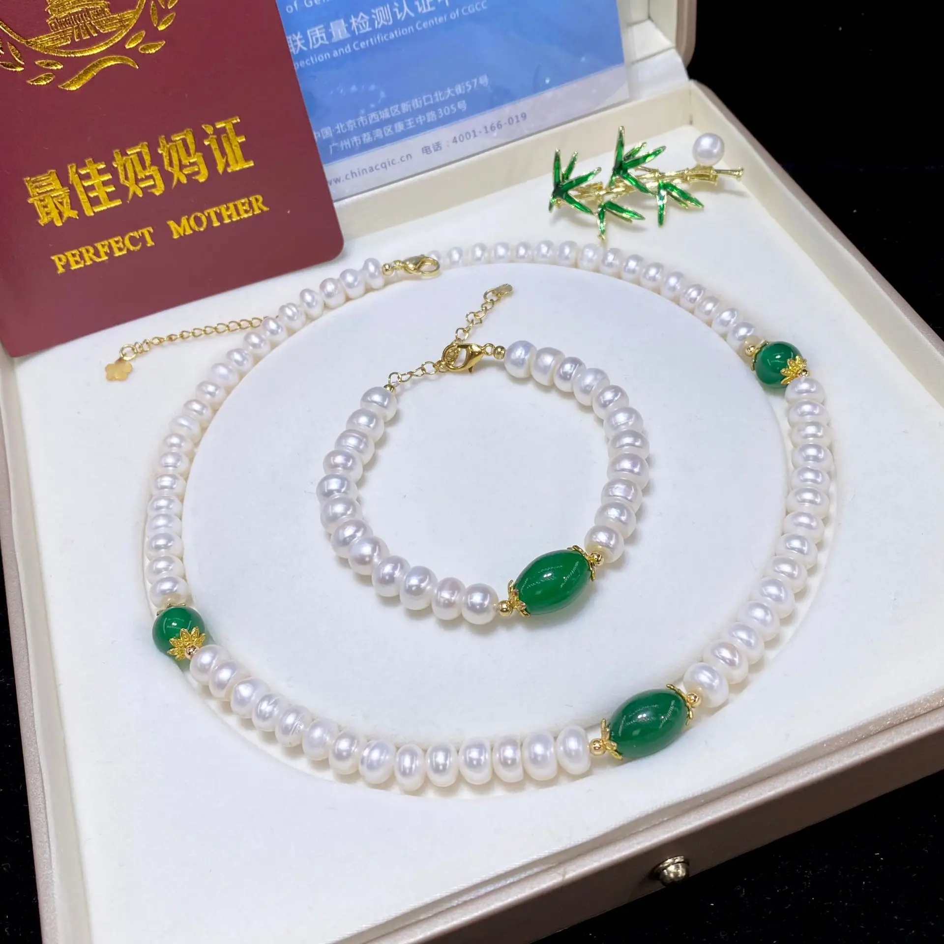 

Natural 7-8mm & 8-9mm freshwater pearl necklace bracelet Brooch set mom chain glare mother's day corsage sweater chain