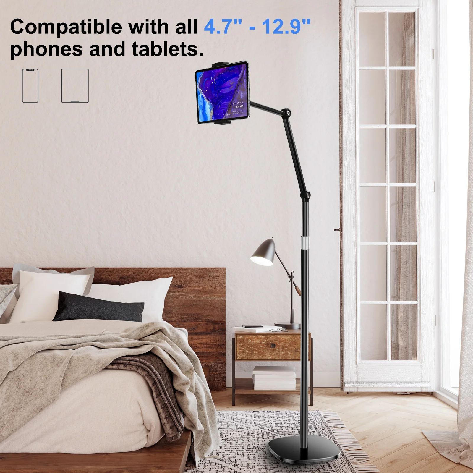 Oatsbasf PhoneTablet Floor Stand Angle & Height Adjustable Tablet Holder Lzay Mount for Live Broadcast Shooting for 4.7-12.9