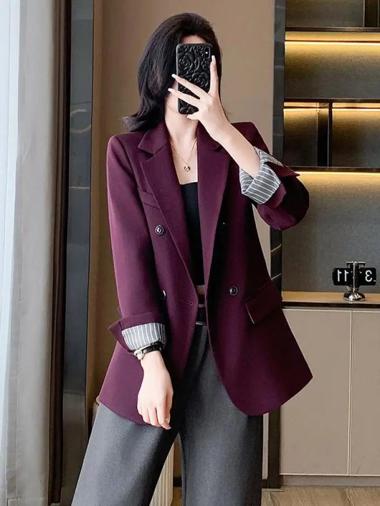 

Vintage Korean Fashion Women Black Grey Double Breasted Blazer Coat Spring Autumn Purple Long Sleeves Versatile Tops Streetwear