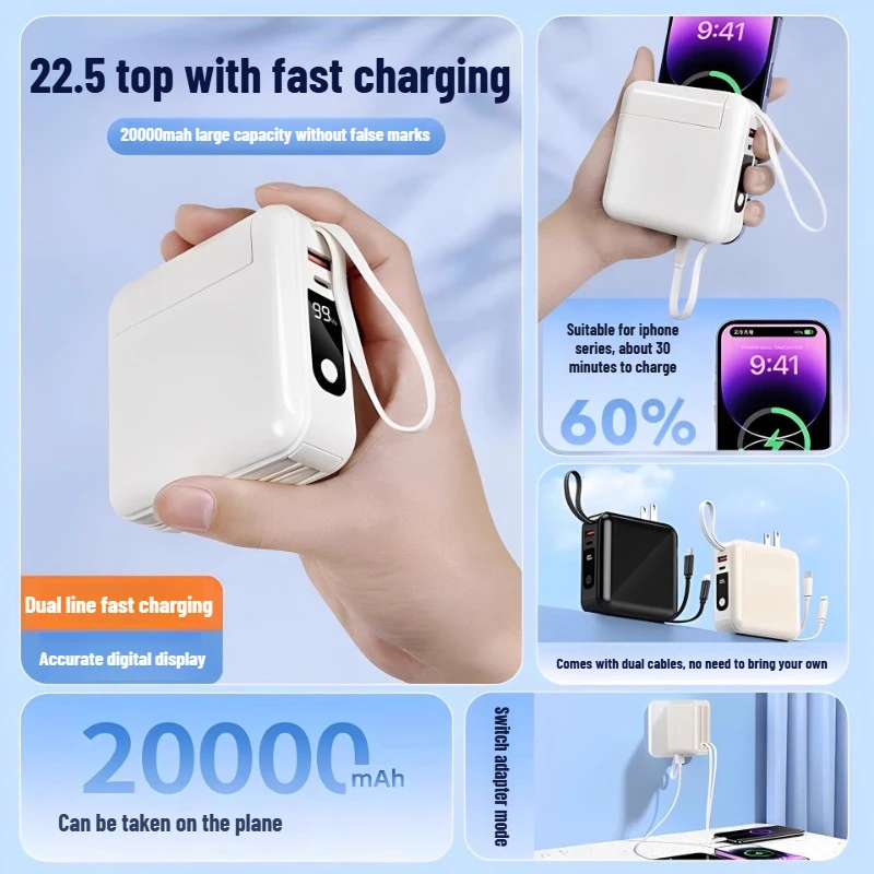 

Портативный внешний аккумулятор 30000 мАч большой емкости с кабелем, быстрая зарядка 22.5 Вт, USB-C, для iPhone и Xiaomi