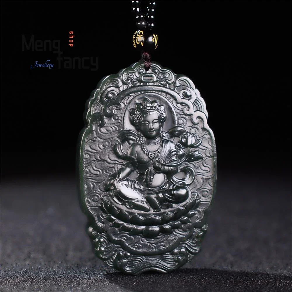 Natural Hetian Green Jade Double-sided engraving Lotus Flower Goddess of Mercy Pendant Buddhist Amulets Fashion Luxury Jewelry