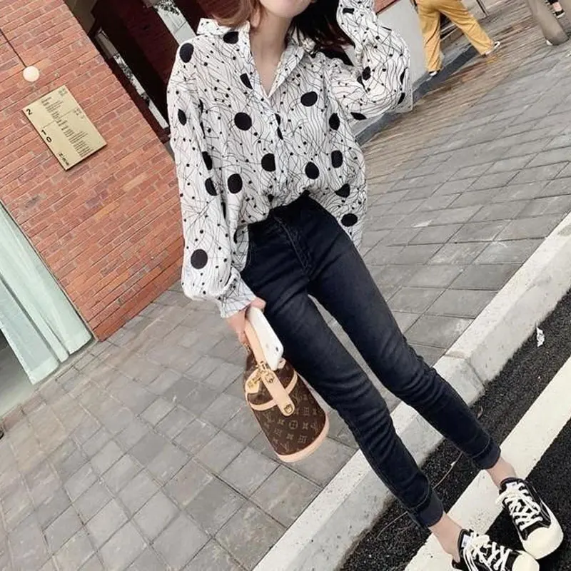 Office Lady Korean Dot Printed Shirt Spring Autumn Casual Loose Female Clothing Long Sleeve Fashion Basic Single-breasted Blouse