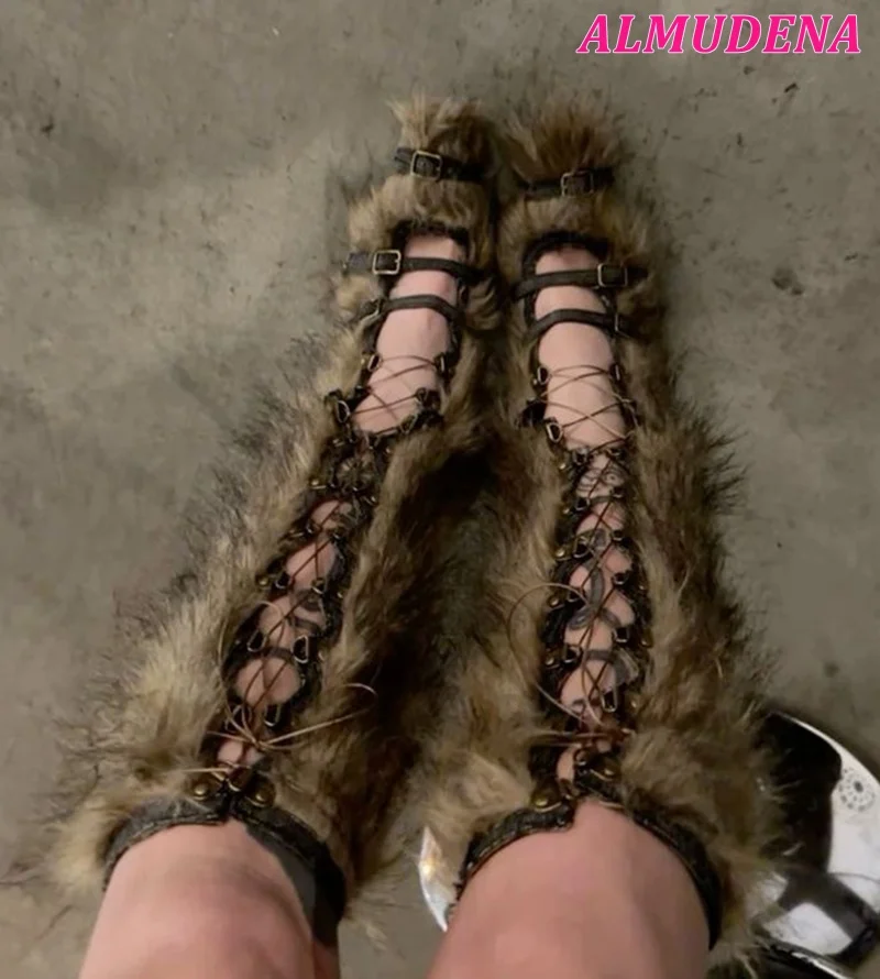 Lace up Fur Vintage Knee High Boots Vintage Hollow out Brown High Heels Sexy Long Boot Big Size Luxury Designer Women's Shoes